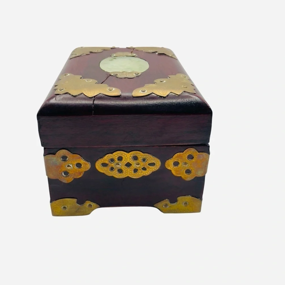 Vintage Wood & Brass Shanghai Chinese Jade Inlay Jewelry Box 5.25